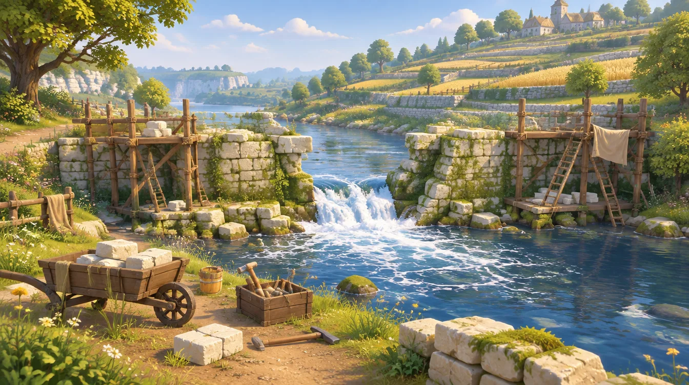 Old Weir: bendungan batu kapur yang jebol di tengah, air deras mengalir lewat celahnya, perancah kayu dan gerobak batu menunggu di tepi.