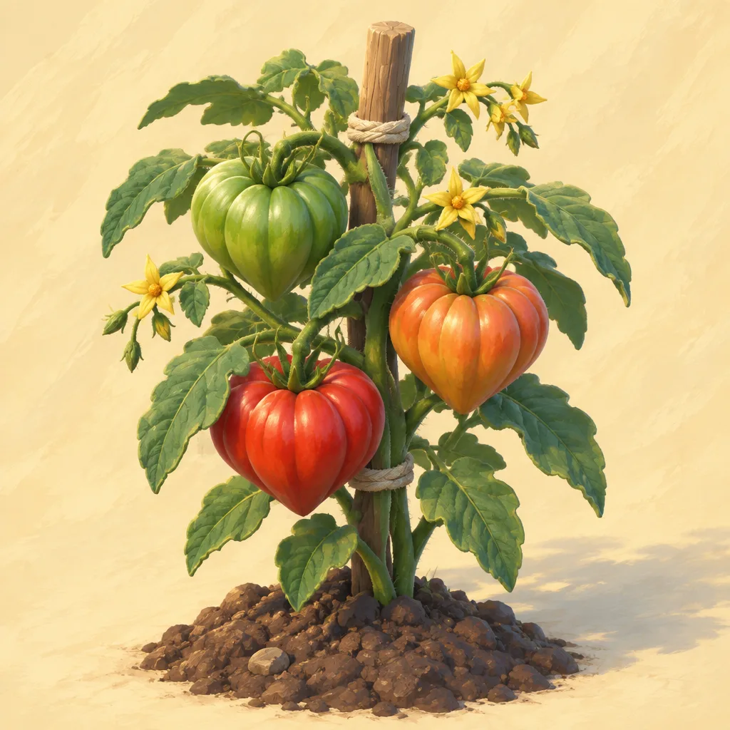 Brookheart Tomato: tomat pusaka beralur berbentuk hati, satu merah matang, satu jingga, satu masih hijau.