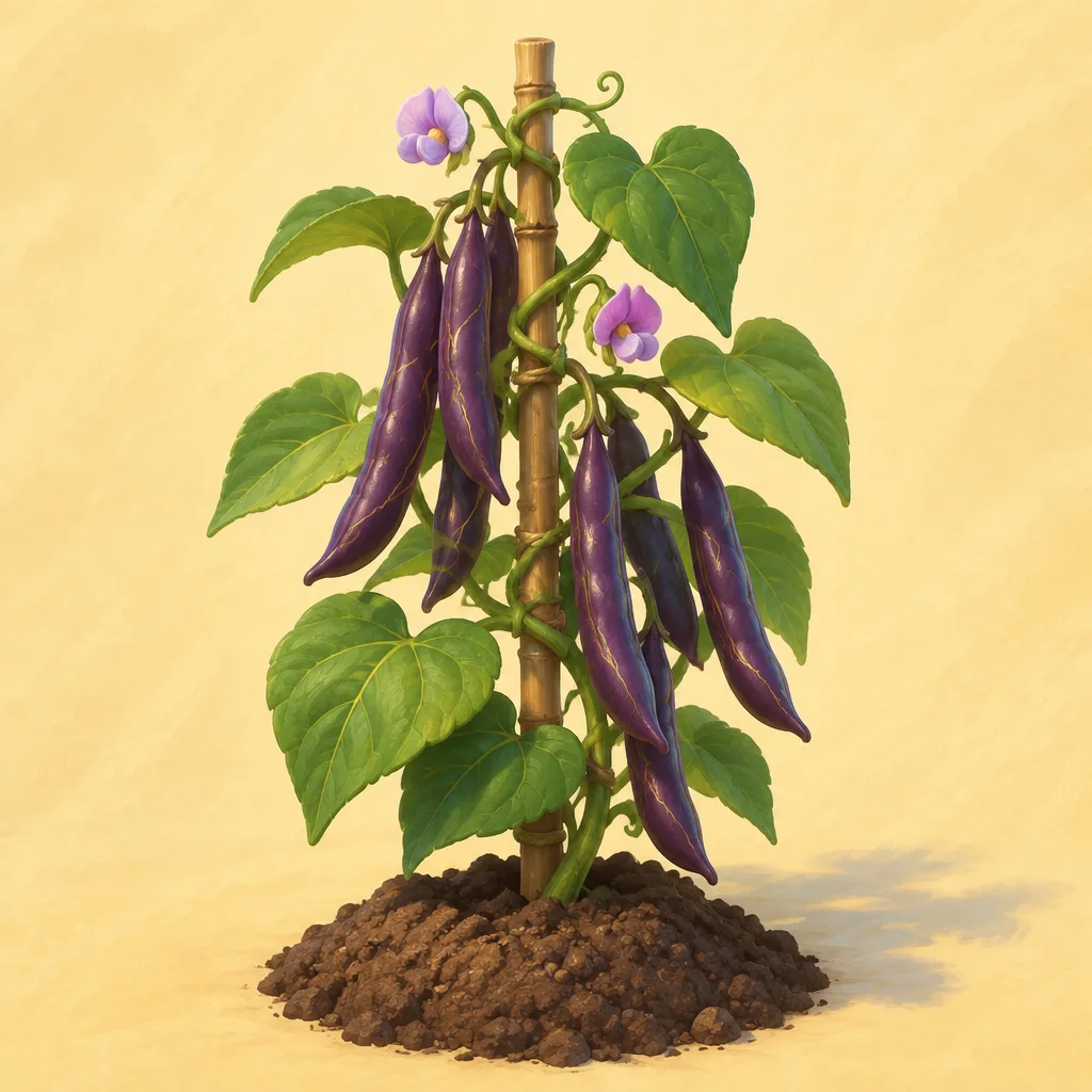 Violet Wick Bean: polong kacang ungu terong berurat emas merambat di tiang bambu.